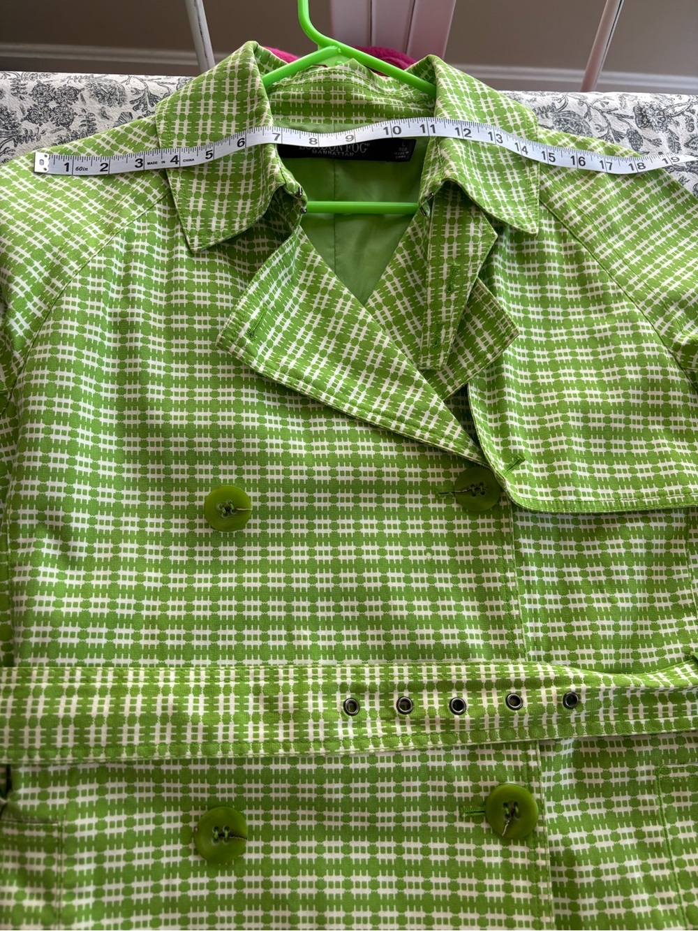 London Fog Lime Green & White Plaid Neon Bright Trench Coat Size L - HTF, EUC! - Picture 7 of 9